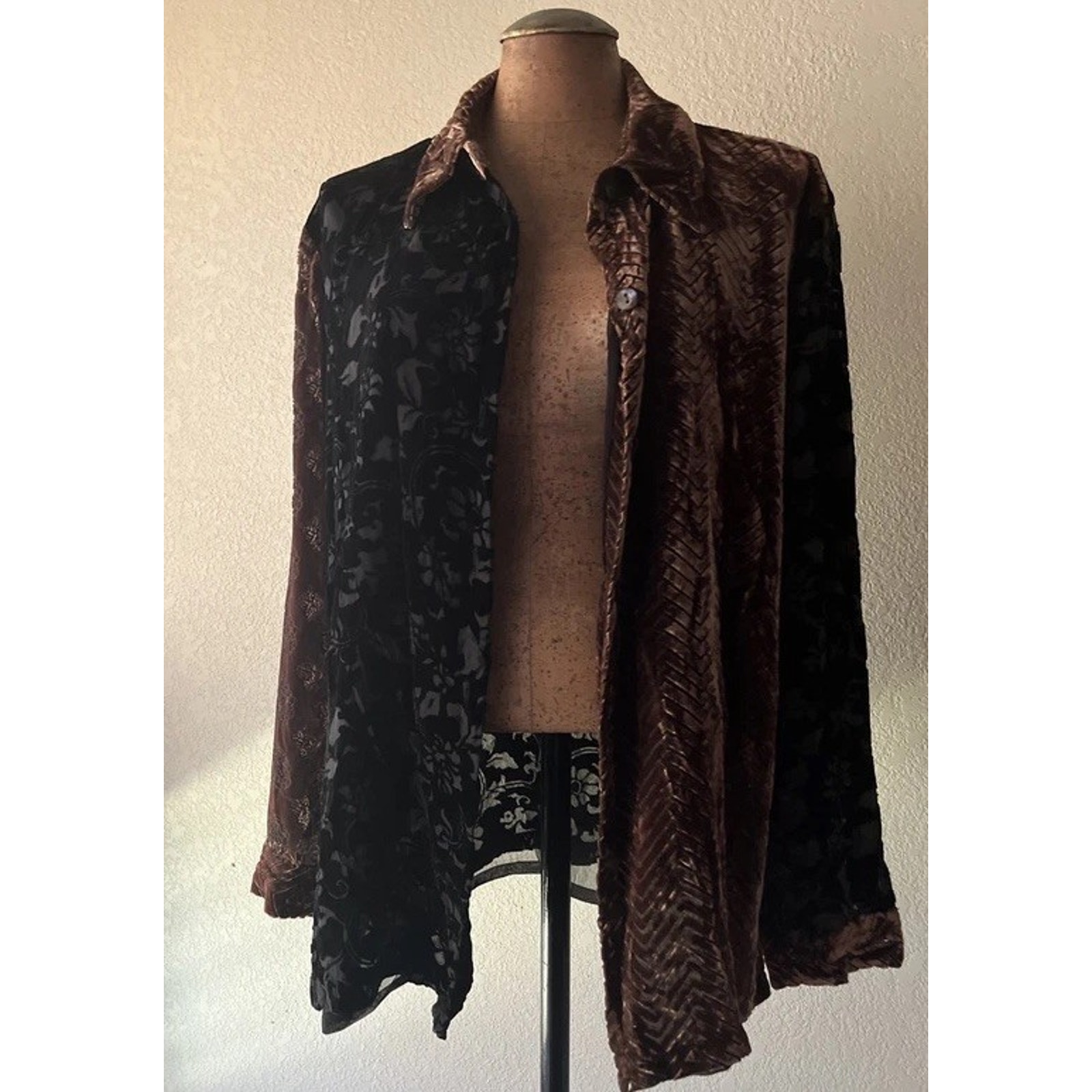 Velvet Burnout Long Sleeve Top Blouse Whimsigoth Black Brown Large Womens